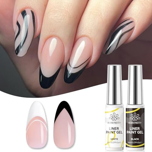 BORN PRETTY Gel Liner Nail Polish Black Gel Nail Polish Liner White Painted Gel Soak off Gel For French Manicure Liner Nail Art Design Drawing Polish Gel for Home Salon DIY 2Pcs
