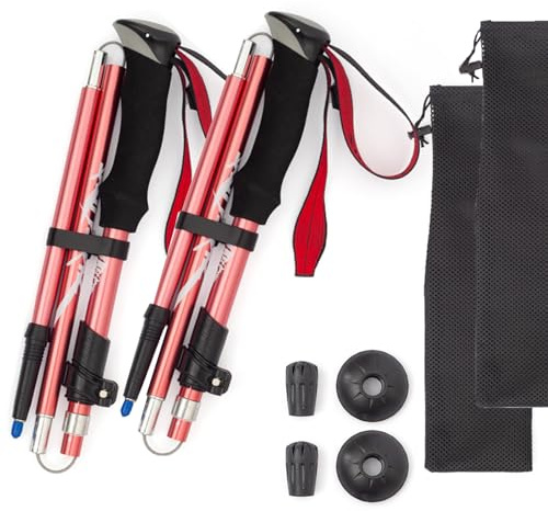 Wanderstöcke, Walking Stöcke Aluminium, mit extra Gummipuffer und Tragebeutel, Faltbare Leichte Trekkingstöcke für Damen und Herren, Wanderstock Verstellbar für Trekking (Rosa)