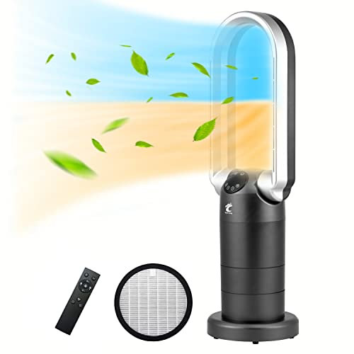 OceanLoong Purifier Hot and Cool Bladeless Tower Fan Heater with Remote - Timer - Oscillation - Energy Efficient & Adjustable Thermostat for Home Bedroom - 29” - AB01H Grey