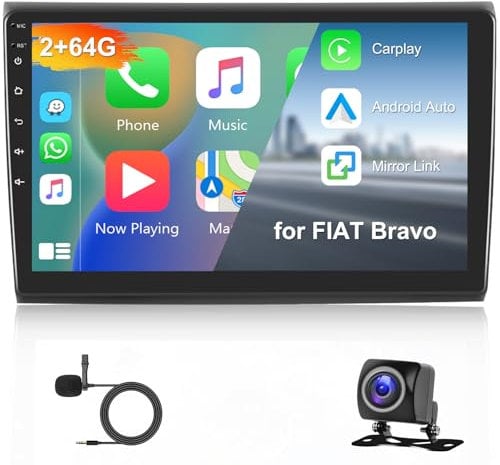 2G 64G Android Autoradio per FIAT Bravo 2008-2013 Radio Wireless Carplay Android Auto, Hodozzy 9 Pollici Touch Screen Navigazione GPS WiFi Bluetooth FM RDS con Retrocamera 2 Din Radio per Fiat Bravo