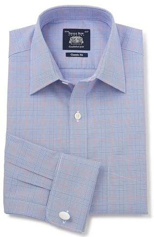 THE SAVILE ROW COMPANY LONDON Men's Classic Fit Cotton Poplin Formal Shirt - Double Cuff - Blue Prince of Wales Check - 19.5 Collar - Standard