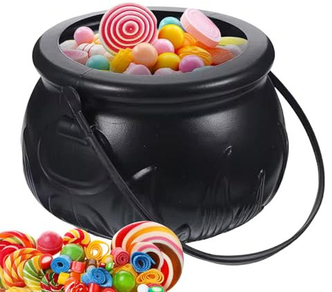 Cubo de Halloween de bruja – Contenedor negro para galletas de festival de terror para dulces o tratos | Gran cubo decorativo para festivales con colgante de bruja negra, ideal para guardar dulces