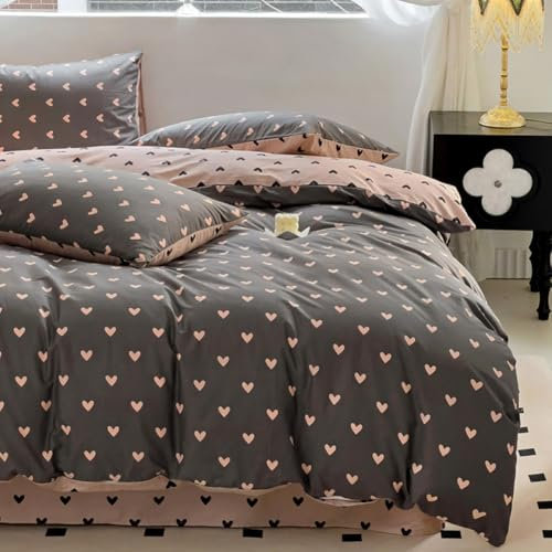 Nayoroom Bettwäsche 135x200 Rosa Schwarz Herzen Herz Muster Wende Bettwäsche Set Microfaser 2teilig, Modern Aesthetic Herzchen Bettbezug und 1 Kissenbezug 80x80 cm mit Reißverschluss