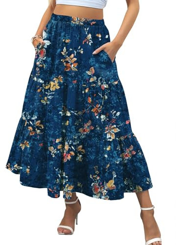 Zeagoo Damen Rock Elegant Sommer Langrock Casual A-Line Hohe Taille Maxirock Elastische Freizeitrock Blumen Röcke mit Taschen Floral Blau M