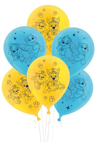 Party Factory Paw Patrol Set aus 10 gelben und blauen Latexballons, Ø25cm, verschiedene Druckmotive, für Luft oder Helium