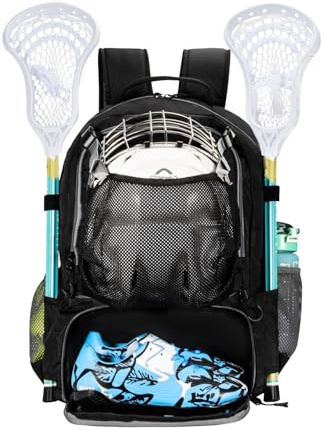 BAIXIXIG Lacrosse Tasche, Lacrosse Ausrüstungsrucksack mit Stockhalter und verstecktem Reißverschlussnetz für alle Lacrosse- oder Feldhockeyausrüstung, Schwarz
