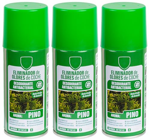 Eliminador de Olores Especial para de Automóvil: Elimina Olores y Humedad, Destruye Hongos y Bacterias, Uso Fácil y Rápido - Aire Fresco y Limpio en Tu Coche 150ml, Olor Pino - 3 Unidad