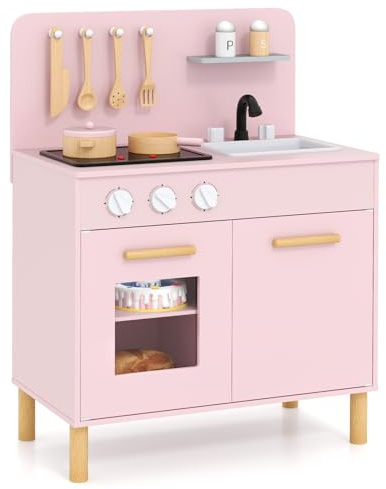 COSTWAY Cuisine Enfant en Bois avec Lumière & Son & 10 Accessoires, Jeu de Cuisine Enfant avec Évier Amovible & Poêles Double, Espace de Rangement, Jeu de Rôle pour Enfant de 3 Ans+ (Rose)