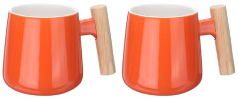 QUARKZMAN Keramik Kaffeetasse Becher 380 ML, Einfacher Holzgriff Große Kaffeetassen Handgemachte Keramik Teetasse für Latte Kaffee Tee Suppe für Büro Zuhause und Geschenke, Orange