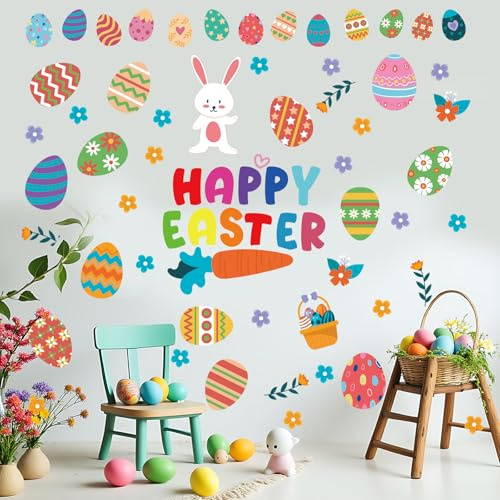PLIGREAT 3 Blätter Osterei Wanddekoration Aufkleber, Frohe Ostern Wandtattoo bunte Blumen Wandaufkleber Vinyl Frühling abnehmbare Wanddeko für Schlafzimmer Wohnzimmer Kindergarten Schule Klassenzimmer