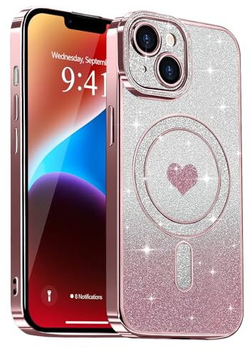 Lafunda Magnetic for iPhone 14 Case Glitter, Pink | Compatible with Magsafe, Luxury Plating Sparkle Cute Heart Pattern Case for Women Girls, Glossy Soft TPU Shockproof Cover