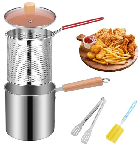 NZZVNZ Pots de Filtre à Huile en Acier Inoxydable 304, 3L Mini Friteuse avec Panier, Couvercle en Verre, Pince et Brosse - Poignée Bois Anti-Brûlure & Multi-Cuissons