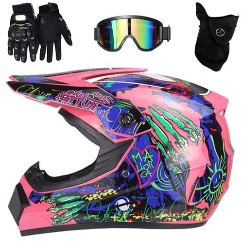 Casque de Motocross, Casque IntéGral Homologué DOT, Casque de Moto Tout-Terrain avec Lunettes, Pour Jeunes Enfants Unisexes(Pink claw,S(52-53cm))