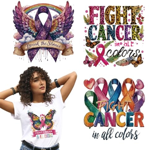 arricraft 4 Sheets Breast Cancer Prevention Iron on Stickers, Colorful Ribbon Wing Print Transfer Stickers Decals for DIY T-Shirt Jeans Backpacks Families Clothing Hat Decoration Applique