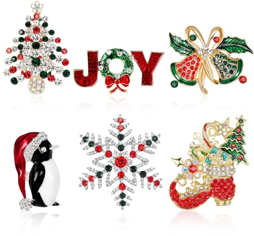 DTOFOOT Brosche Anstecknadel Set, 6 Stück Weihnachtsschmuck Broschen Pin mit Strass Kristall für Kleidung Geschenk Ornamente