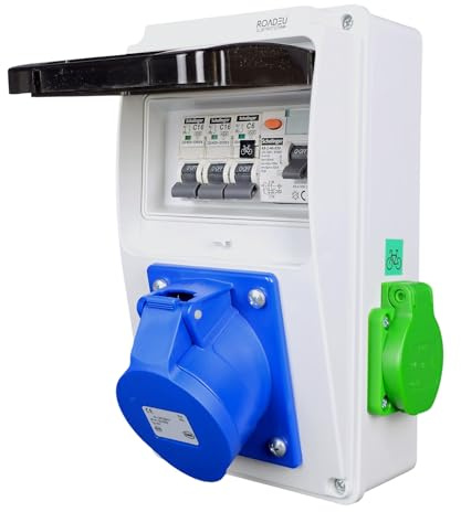 RoadEu Hybrid Stromverteiler | CEE 16A 3P, Schuko & E-Bike-Steckdose | FI-Schutzschalter Typ A 30mA & Leitungsschutzschalter C6A/C16A | IP44 Wandmontage
