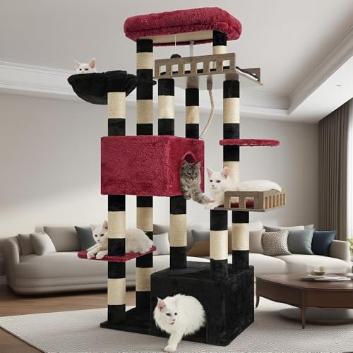 Gitelsnour Kratzbaum groß, Katzenbaum für große ausgewachsene Katzen, 174cm Katzenkratzbaum mit Hängematte, 2 große Sitzstangen, 2 Katzenhöhlen,15 Kratzstangen, Schwarz und Rot GCT033BR