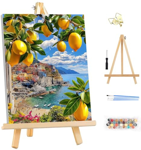 MEIYUDA Peinture par Numero Adulte avec Cadre Paysage, Citron Paysage Kit de Peinture à l'Huile sur Toile par Numéro, Decoration Maison Cadeau 25x35cm