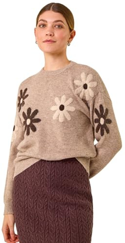 Roman Originals Thick Jumper for Women UK - Ladies Winter Autumn Smart Casual Knit Knitted Knitwear Pull-On Round Crew Neck Long Sleeve Work Office Dinner Party - Floral Beige - Size 12