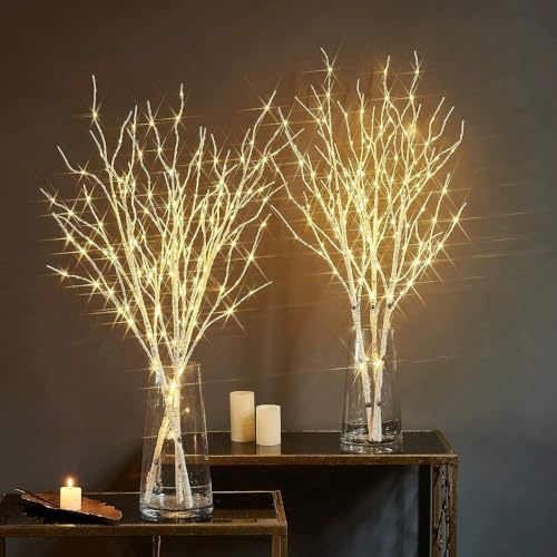 Lighted Birch Branches, 32in Artificial White Birch Twig with 50 LED Lights - Battery Operated, Fairy Willow Branch Lights for Home & Festive Scenarios (2Pcs)