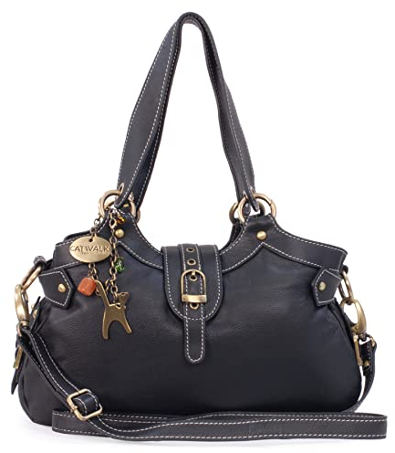 Catwalk Collection Handbags - Damen Leder Schultertasche - Umhängetasche Mittelgroß - Handtasche mit Abnehmbarer Schultergurt - Nicole - Schwarz