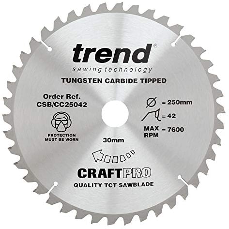 Trend Wood Mitre Saw Blade, 250mm Diameter, 30mm Bore, 42 Teeth, 3mm Kerf, -5° Hook, TCT, Medium Finish, CSB/CC25042