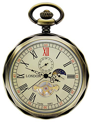 TREEWETO Taschenuhr mit Kette Herren Analog Handaufzug 24 Stunden Sonne Mond Anzeige Bronze