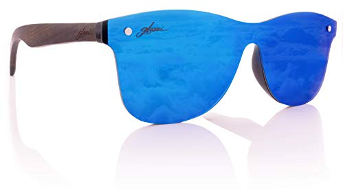 glozzi Sonnenbrille Herren und Damen Holz Verspiegelt Polarisiert und Entspiegelt UV400 Blau mit Holzbügeln aus Ebenholz und Brillenetui aus Kork