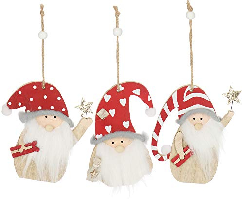 com-four® 3X Hängedeko Zwerg mit weißem Bart und roter Weihnachtsmütze - kleine Wichtel aus Holz zum Anhängen - 13 cm [Auswahl variiert] (03 Stück - 13cm)