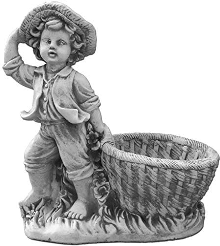 gartendekoparadies.de Junge mit Blütentopf Pflanzgefäß aus Steinguss, H. 40 cm, 1 Liter, 10 kg, Grau, frostsicher für Außenbereich