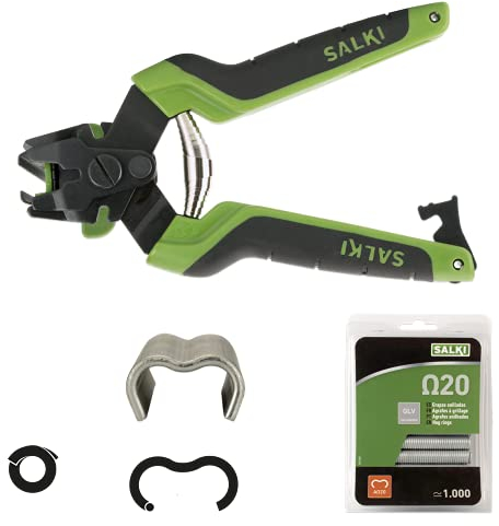 SALKI Pack Grapadora Cercas con Cargador FSK20C - Grapadora para Vallas y Mallas con Cortador de Alambre Incorporado de hasta 3mm de Espesor + Blíster de 1000 Grapas Ω20 Galvanizadas (3301310PA2)