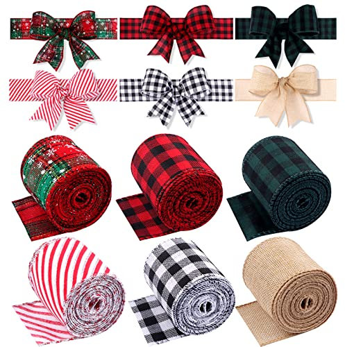 6 Rollen Geschenkband Weihnachten, Kalolary Xmas Snowflake Ribbons Rot und Schwarz kariertes Büffelbänder Sackleinenband mit Weihnachtsmustern DIY Bastelverpackung für Weihnachtsbaum-Partydekoration