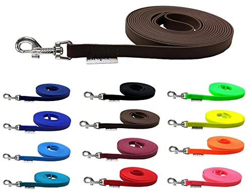 Schleppleine für Hunde Biothane Hundeleine mittlere/große Hunde Breite 16mm 1m / 3m / 5m / 10m / 15m (20m OHNE Handschlaufe, Braun)