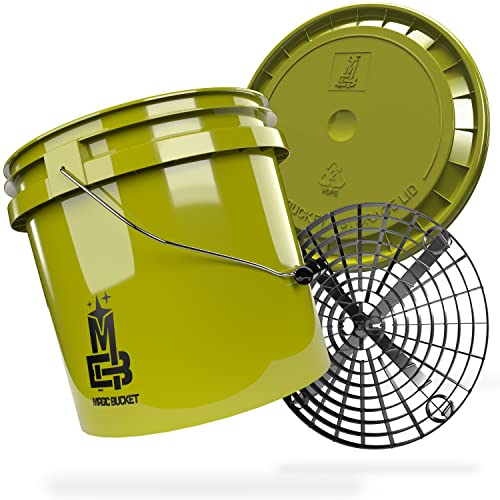 MAGIC BUCKET | Auto Handwäsche Bundle | Wascheimer mit passendem Eimer Deckel 3,5 US GALLONEN ca. 13 Liter | Mit Grit Guard Eimereinsatz Schmutzsieb | Waschset Khaki/Schwarz
