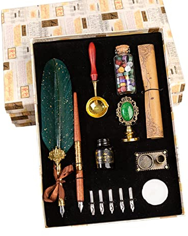 JasCherry Schreibfeder mit Tinte Set- Vintage Kalligrafie Stift mit Wachssiegel Stempel, Federkiel Set mit 1 Tinte & 5 Stiftspitzen in Geschenkbox für Geburtstag, Weihnachten, Valentinstag