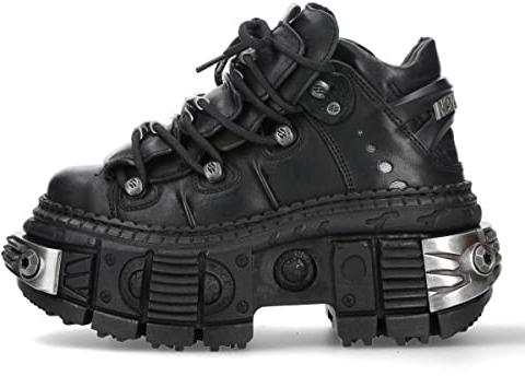 New Rock Stivali Unisex Suola TANK con lacci Colore Nero Pelle/Unisex Black Boots Leather Shoelaces M.WALL106-S10, Nero , 39 EU