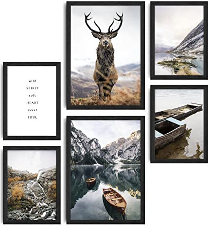decomonkey | 6er Poster Set mit schwarzem Rahmen | Natur Landschaft | 4 x DIN A4 & 2 x DIN A3 | Wohnzimmer Schlafzimmer Wandposter Blider Collage Modern Wanddeko Berge See Hirsch Sprüche Grau