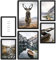 decomonkey | 6er Poster Set mit schwarzem Rahmen | Natur Landschaft | 4 x DIN A4 & 2 x DIN A3 | Wohnzimmer Schlafzimmer Wandposter Blider Collage Modern Wanddeko Berge See Hirsch Sprüche Grau