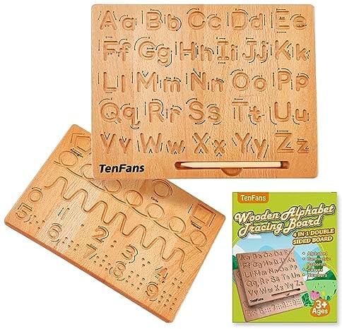 TanFans Holz-Alphabet Schreibtafel - Montessori Lernspielzeug für Vorschulkinder - Feinmotorik fördern - ABC Schreiben lernen - beidseitiges Übungstool - Geschenk für 1-4 Jahre alte Kinder