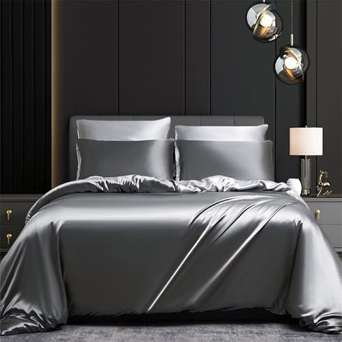 Gezu Housse de Couette Satin 200x200 Gris Gris Foncé Gris Clair Unie Double Face Parure de Lit Soie Lisse Soyeux Brillant Doux Sets de 2 Personnes avec 2 Taies d'oreiller 65x65 avec Fermeture Éclair