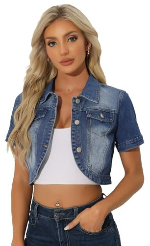Allegra K Casual Denim Jacket for Women's Turndown Collar Short Sleeves Crop Jean Jackets Mid-Blue S