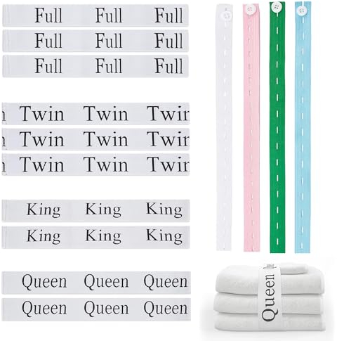 FAURAPMNG Set di 14 fasce organizer per lenzuola, 10 etichette in lino, con 4 cinghie elastiche colorate, per tenere le lenzuola, per organizzare l'armadio, per lenzuola pieghevoli