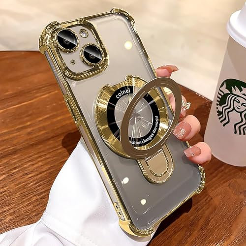 Uioeua for iPhone 15 Plus Case with Magnetic Ring Stand,[Compatible with MagSafe] Four Corners Shockproof [Military Grade Drop Protection] Luxury Slim Kickstand Case for iPhone 15 Plus-Gold