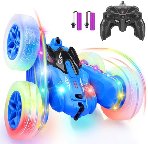 SGILE Ferngesteuertes Stunt Auto Mit LED-Lichtern, 2,4Ghz Doppelseitiges 360° Drehendes RC Auto, Wiederaufladbares Kinderspielzeug für Jungen Mädchen Geburtstagsgeschenk, Blau