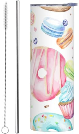 MDATT Thermobecher mit Trinkhalm, Motiv: Cupcakes, Donuts, Muffins, Zucker-Druck, 590 ml, Edelstahl, Auto-Thermobecher, Vakuum-Reisebecher, Wasserflasche