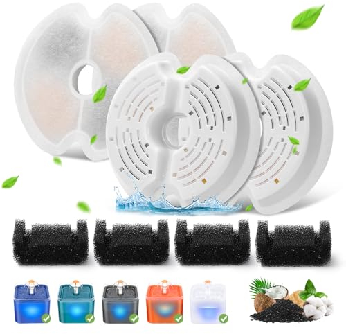 Filter für Katzenbrunnen, 4 Stück Ersatzfilter Trinkbrunnenfilter für Katzenbrunnen 67oz/2L mit LED-Nachtlicht, 4 Stück Ersatzfilter & 4 Stück Vorfilterschwämme für 2L Edelstahl-Brunnen Katzenbrunnen