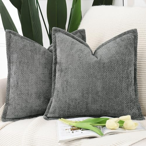 Madizz 2er Set Chenille Samt mit Rand Kissenbezüge Weiche Dekorativ Zierkissenbezüge Modern Kissenhülle für Sofa Wohnzimmer Schlafzimmer Dunkelgrau 45x45 cm