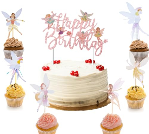 KOBOKO Feen Geburtstag Deko Set - Tortendeko, Cupcake Topper, Kuchendeko, Rosa Elfe Cake Topper für Mädchen - Happy Birthday Deko