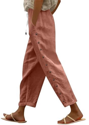 Sporthose Damen,Leinenhose Damen Sommer,Leinen Capris für Frauen Elastische Taille Kordelzug Capri-Hosen mit Taschen Solid Side Button Casual Sommer Cropped Pants,braun,XXL