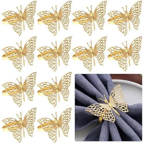 Lvjkes 12 Stück Serviettenringe Gold, Metall Serviettenringe, Schmetterling Servietten Ring, Napkin Rings Geeignet für Hochzeitsfeiern, Dinnerpartys, Jubiläumsfeiern, Geburtstage (Gold)